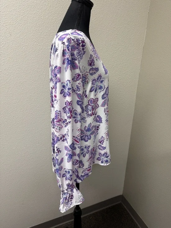 LOFT XL Purple White Floral Blouse Button Front Long Sleeve Boho Chic Top - Picture 6 of 9
